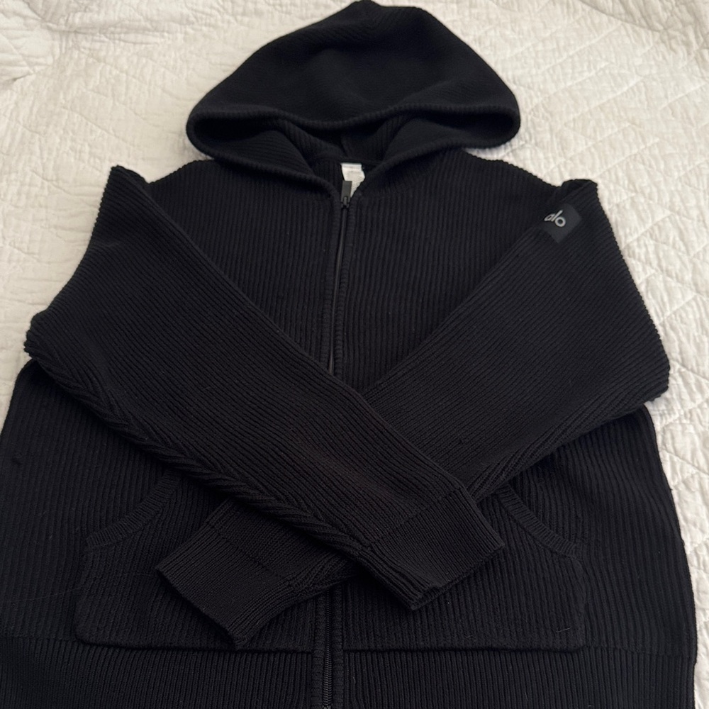 ALO Domain Rib Knit Black Zip Up Women's Sweater